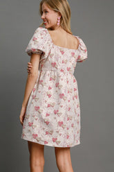 Umgee Heart Jacquard Square Neck Puff Sleeve Mini Dress OutfitFlow